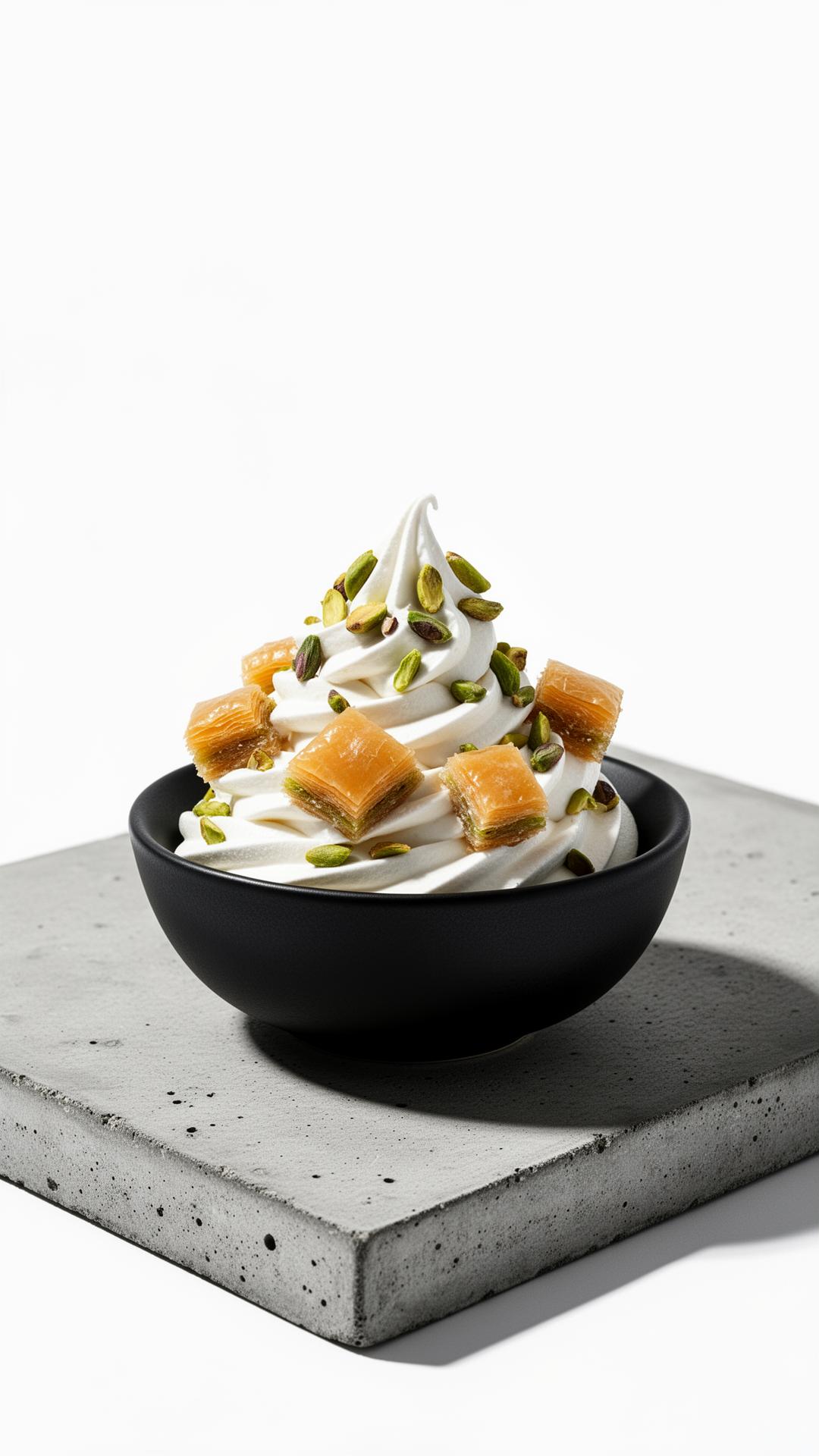 Greek frozen yogurt premium con pistache y baklava en bowl negro mate